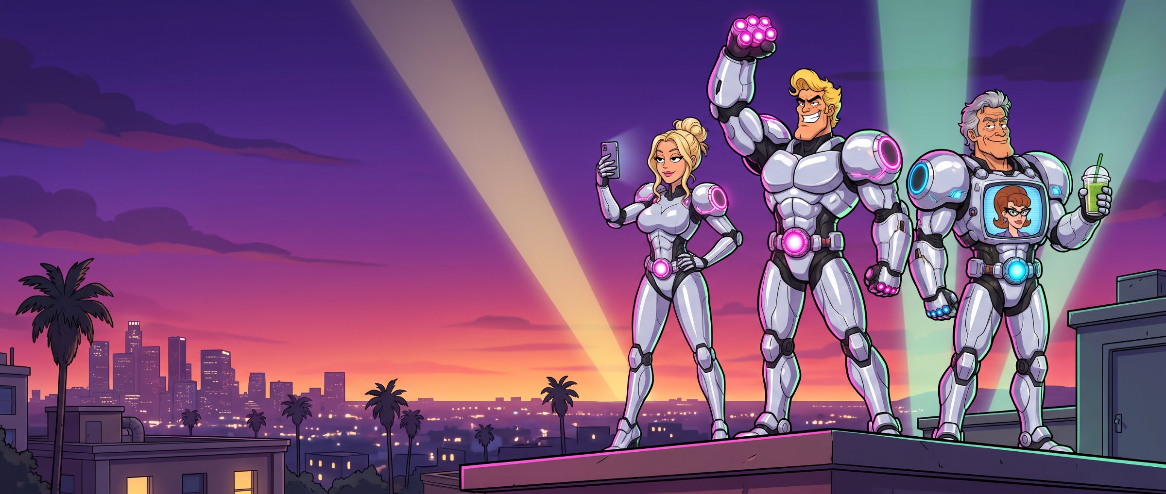 Chad, Sage and Dirk in chrome robot suits on a Los Angeles rooftop at dusk, searchlights in the sky